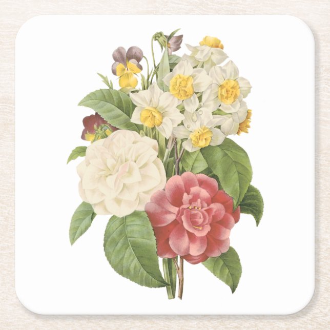 camellia, narcissus, pansy by Redouté Square Paper Coaster (Front)