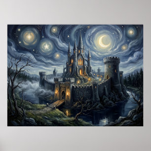 Camelot Starry Night Medieval Landscape Poster