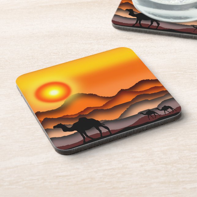 Camels - Beautiful Sunset - Drawing Coaster (Left Side)