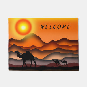 Camels - Beautiful Sunset - Drawing - Welcome Doormat