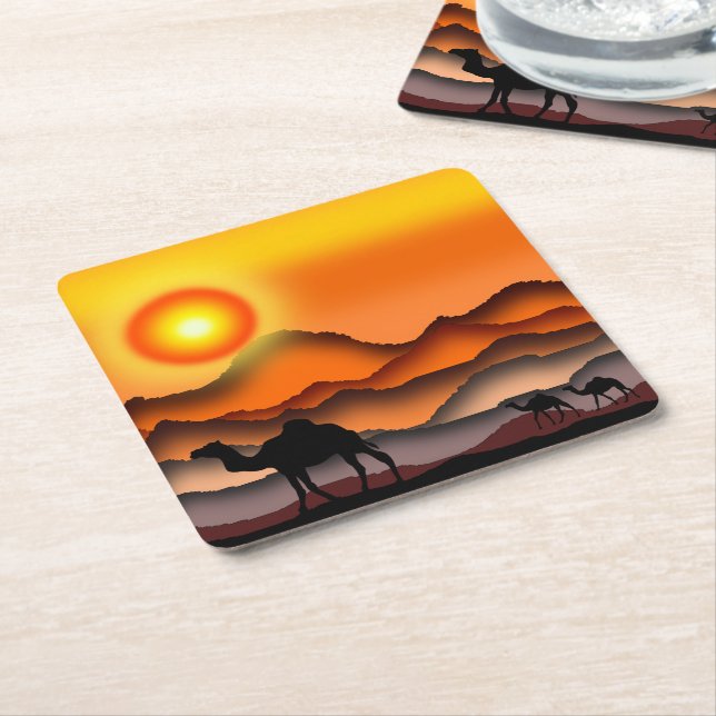 Camels In Desert Sunset Paper Coaster (Angled)