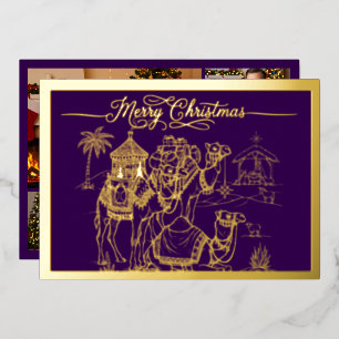 Camels, Manger, Merry Christmas in Purple, Gold Foil Holiday Card