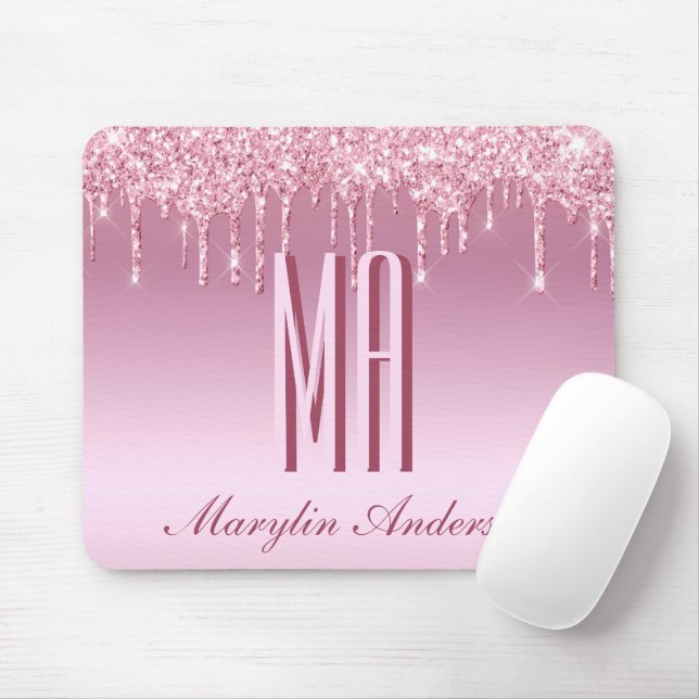 CAMEO PINK GLITTER DRIP CURSIVE NAME MONOGRAM MOUSE PAD (With Mouse)