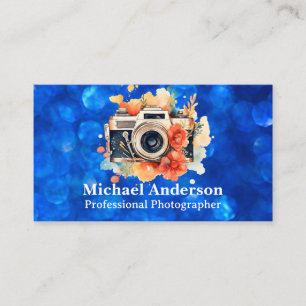 Camera and Flowers   Blue Bokeh Business Card