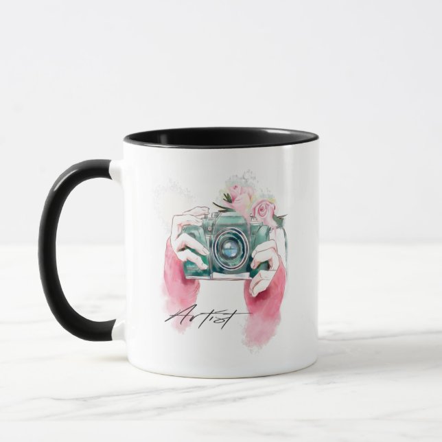 Caméra aquarelle avec tasse de fleurs roses (Gauche)