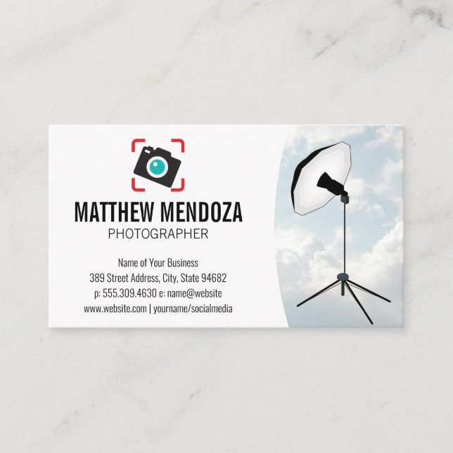Camera Icon | Clouds | Studio Lights Business Card (Front)