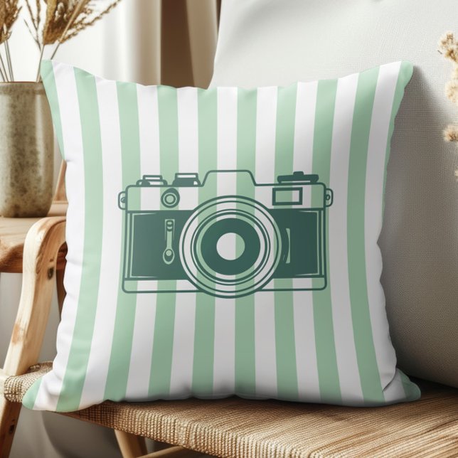 Camera on Sea Green Stripes, Accent Pillow,  Throw Pillow (Creator Uploaded)