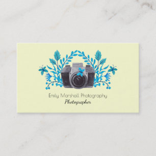 Camera With Azure Blue Leaves And Butterflies Business Card
