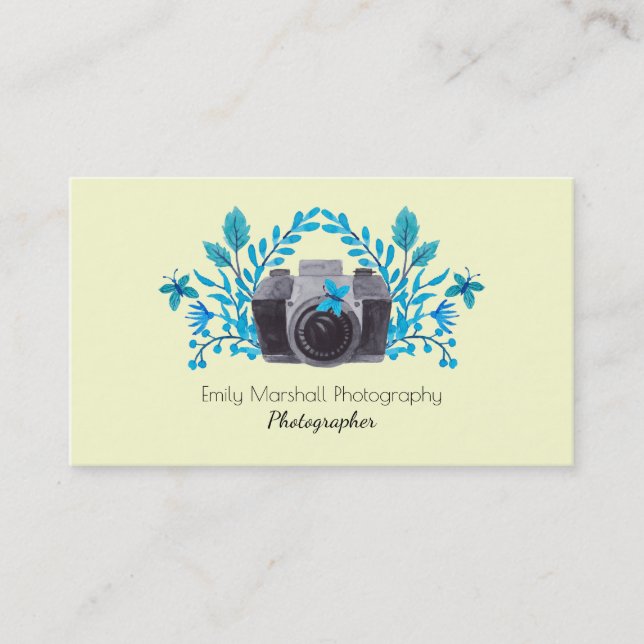 Camera With Azure Blue Leaves And Butterflies Business Card (Front)