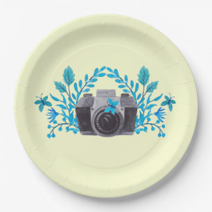 Camera With Azure Blue Leaves And Butterflies Paper Plate