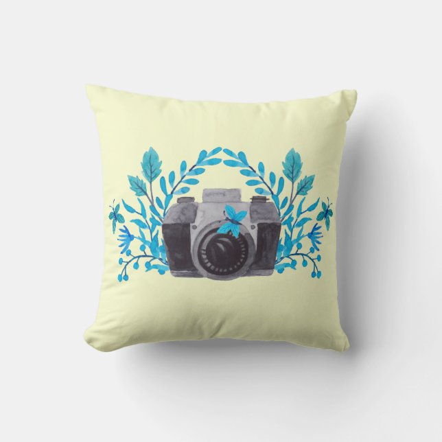 Camera With Azure Blue Leaves And Butterflies Throw Pillow (Front)