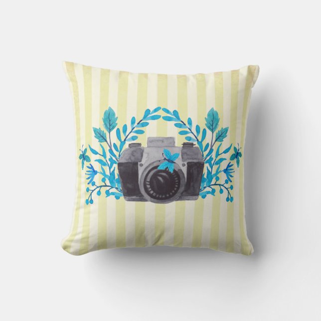 Camera With Azure Blue Leaves And Butterflies Throw Pillow (Front)