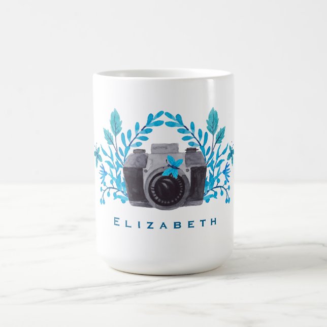 Camera With Blue Leaves And Butterflies Coffee Mug (Center)