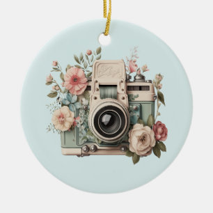 Camera with Flowers Retro Pastel Ceramic Ornament
