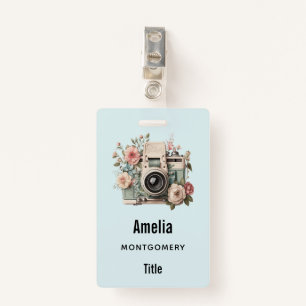 Camera with Flowers Retro Pastel Image Badge