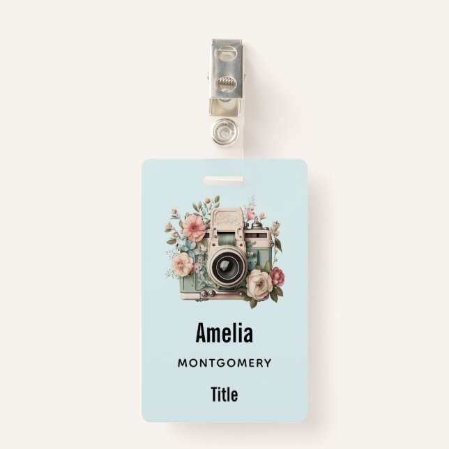 Camera with Flowers Retro Pastel Image Badge (Front with Clip)