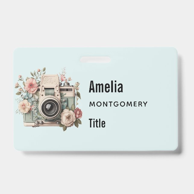 Camera with Flowers Retro Pastel Image Badge (Front)