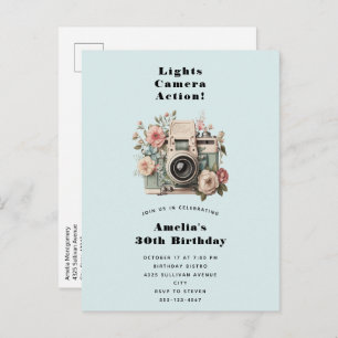 Camera with Flowers Retro Pastel Image Birthday Invitation Postcard