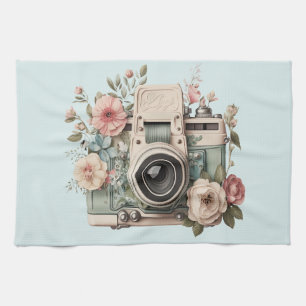 Camera with Flowers Retro Pastel Image Kitchen Towel
