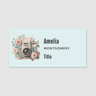 Camera with Flowers Retro Pastel Image Name Tag