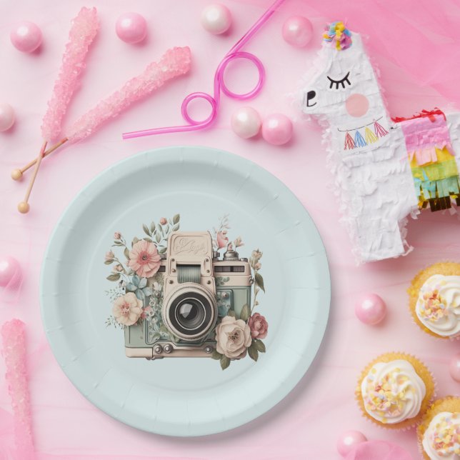 Camera with Flowers Retro Pastel Image Paper Plate (Party)