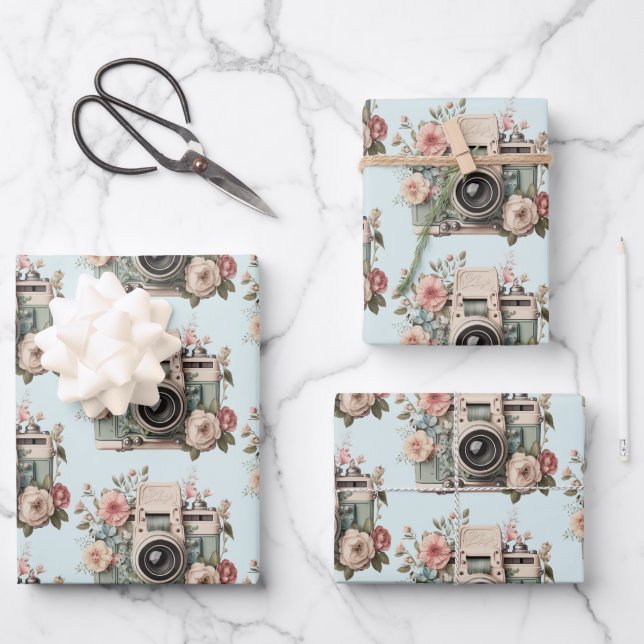 Camera with Flowers Retro Pastel Image Pattern Wrapping Paper Sheet (Front)