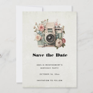 Camera with Flowers Retro Pastel Image Save The Date