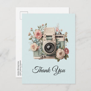 Camera with Flowers Retro Pastel Image Thank You Postcard
