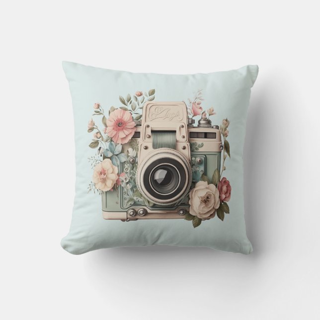 Camera with Flowers Retro Pastel Image Throw Pillow (Front)
