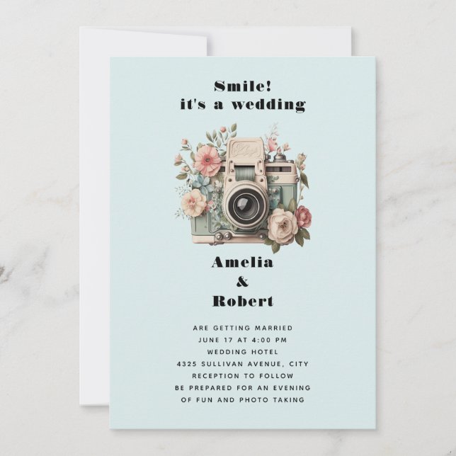 Camera with Flowers Retro Pastel Image Wedding Invitation (Front)