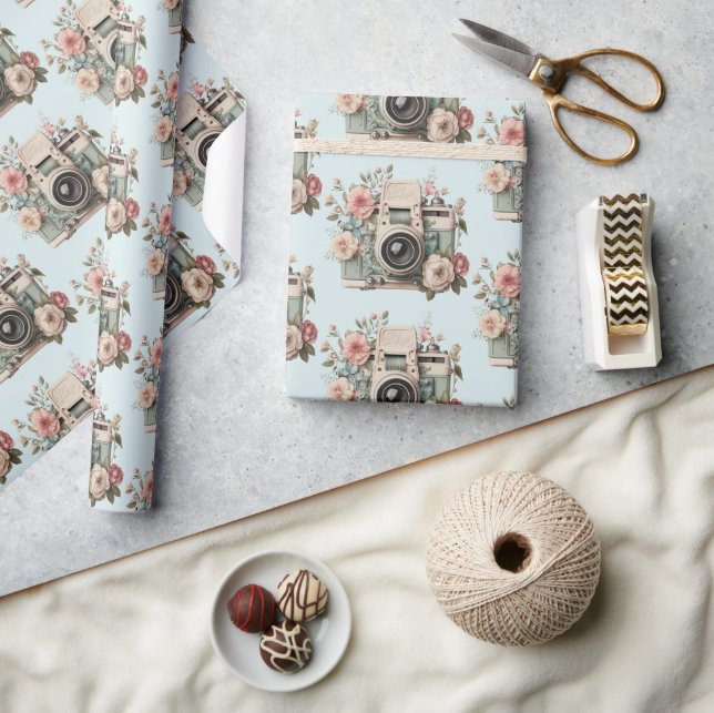 Camera with Flowers Retro Pastel Pattern Wrapping Paper (Crafts)