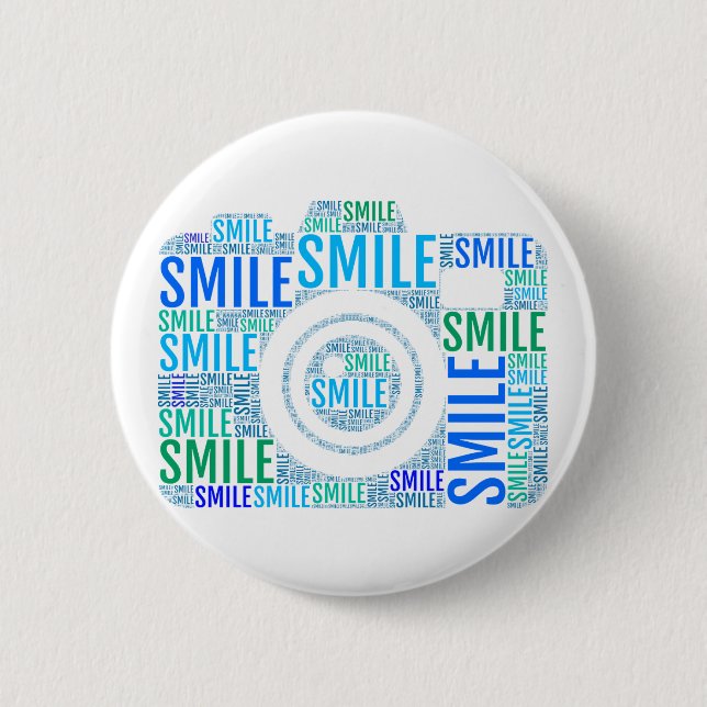 Camera word art, text design smile 2 inch round button (Front)