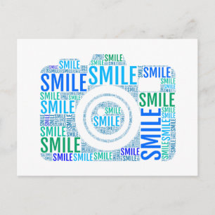 Camera word art, text design smile postcard