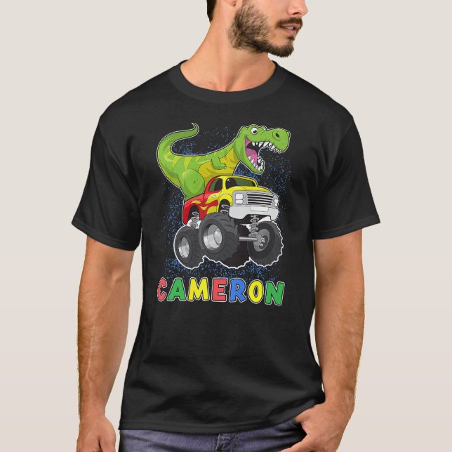 Cameron Personalized Dinosaur On A Monster Truck K T-Shirt (Front)