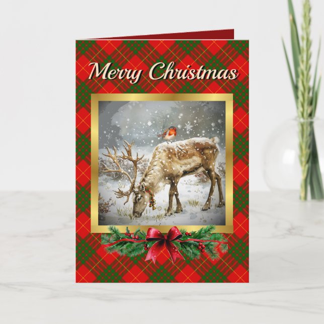 Cameron Stag & Robin Tartan Personalized  Holiday Card (Front)