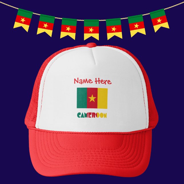 Cameroon Cameroonian Flag Red Personalization  Trucker Hat (Personalized trucker hat with the CAMEROON an flag and the word CAMEROON below.)