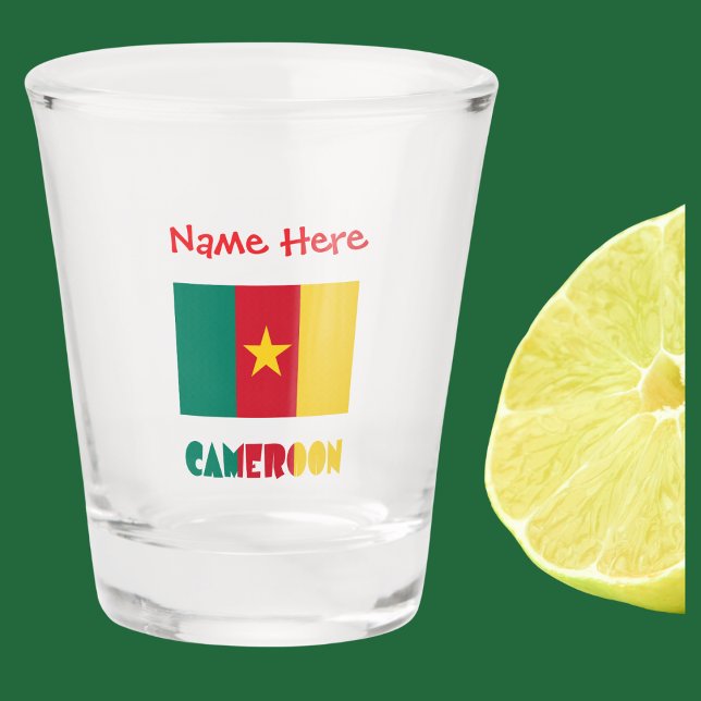 Cameroon Cameroonian Flag Red Personalized  Shot Glass (Cameroonian Flag on shot glass with word CAMEROON below in flag colors. Ádd name in red text above.)