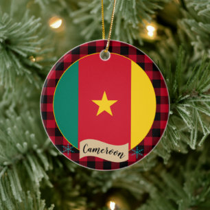 Cameroon, Red buffalo plaid & Cameroon Flag Ceramic Ornament