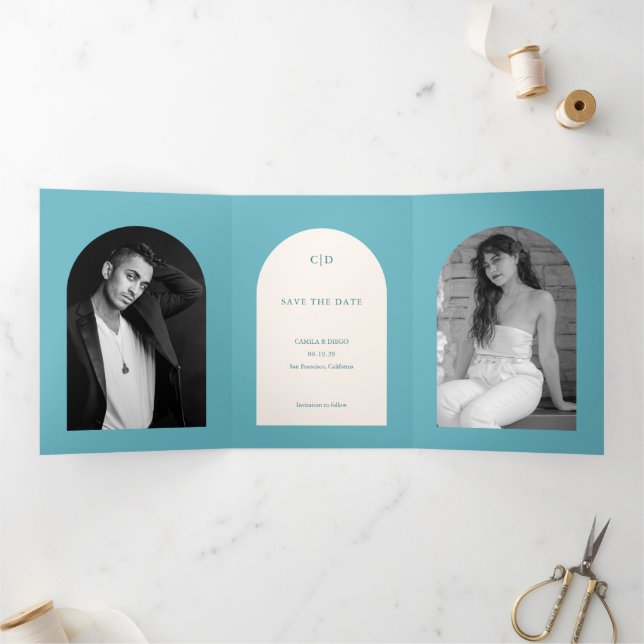 Camila Aqua Arch Modern Wedding Save the Date Tri-Fold Announcement (Inside)