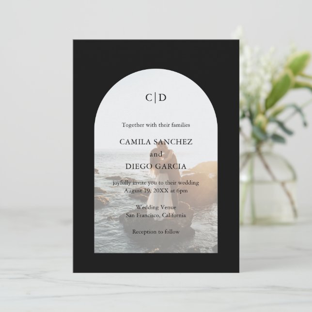 Camila Black Arch Modern Wedding Invitation (Standing Front)