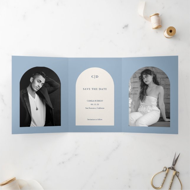 Camila Dusty Blue Modern Wedding Save the Date Tri-Fold Announcement (Inside)
