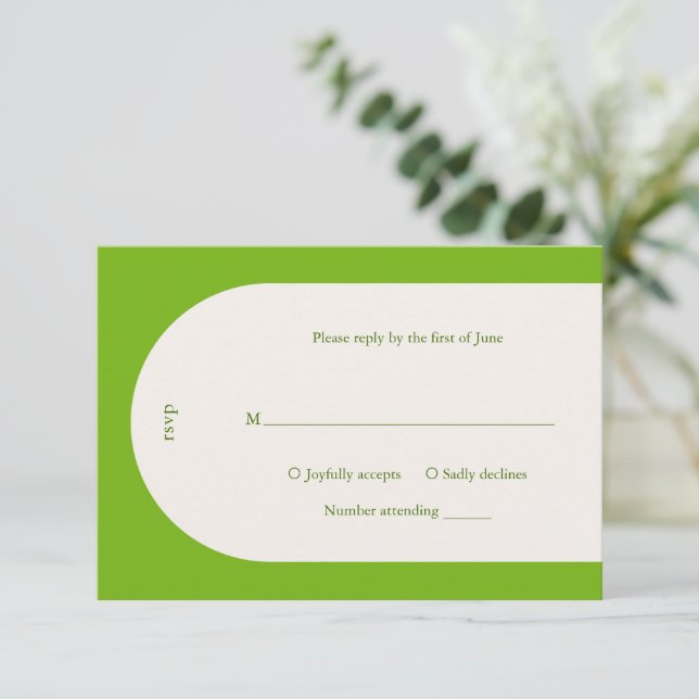 Camila Green Arch Modern Wedding RSVP Card (Standing Front)