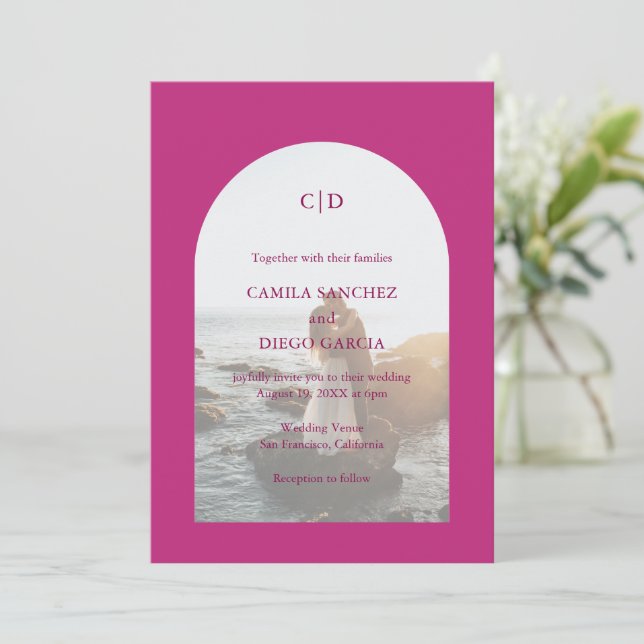 Camila Pink Arch Modern Wedding Invitation (Standing Front)