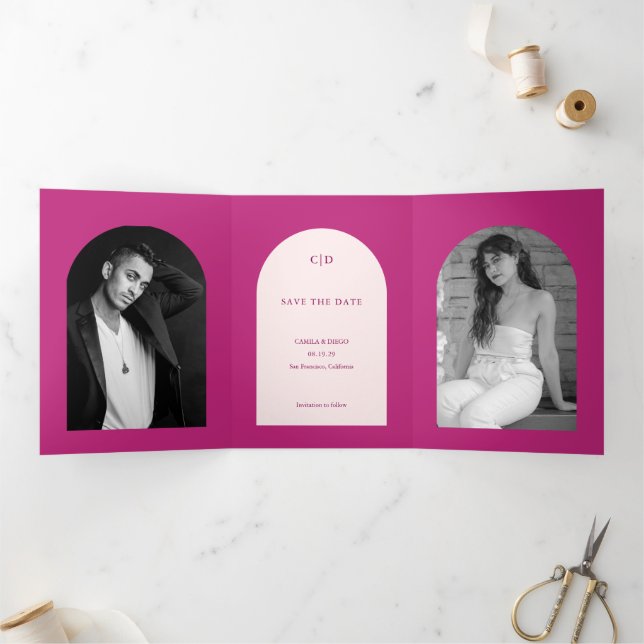 Camila Pink Arch Modern Wedding Save the Date Tri-Fold Announcement (Inside)