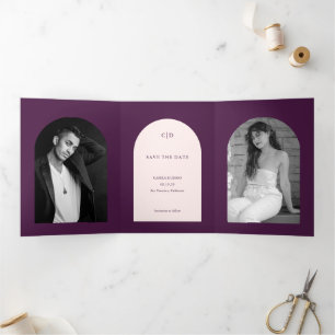 Camila Purple Arch Modern Wedding Save the Date Tri-Fold Announcement