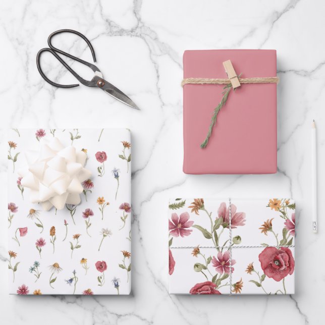 CAMILLA Dusty Pink Spring Wildflower Floral Wrapping Paper Sheet (Front)