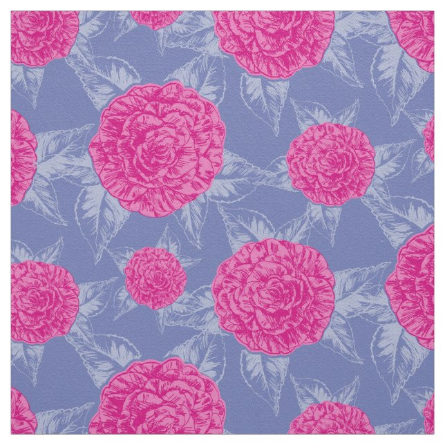 Camillia inked drawing patterned pink blue fabric (Swatch)