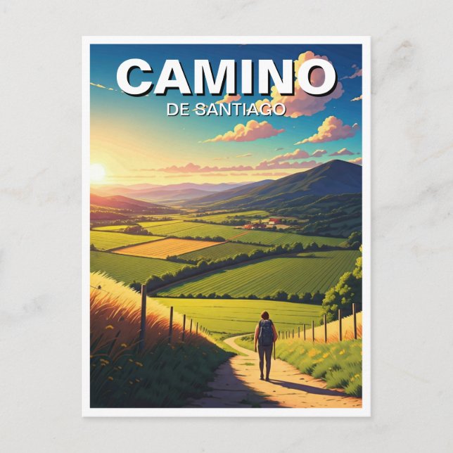 Camino de Santiago Hiker Hiking Sunset Postcard (Front)
