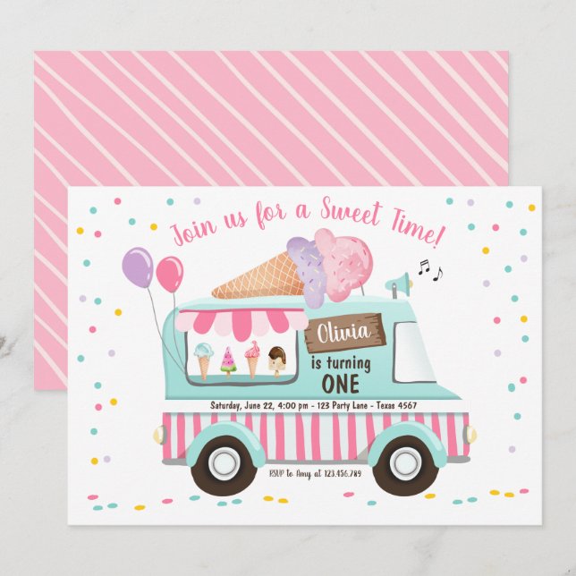 Camion à glace Invitation Anniversaire Fille rose (Devant / Derrière)