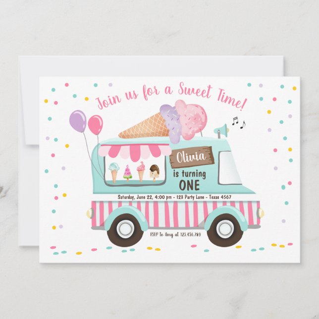 Camion à glace Invitation Anniversaire Fille rose (Devant)